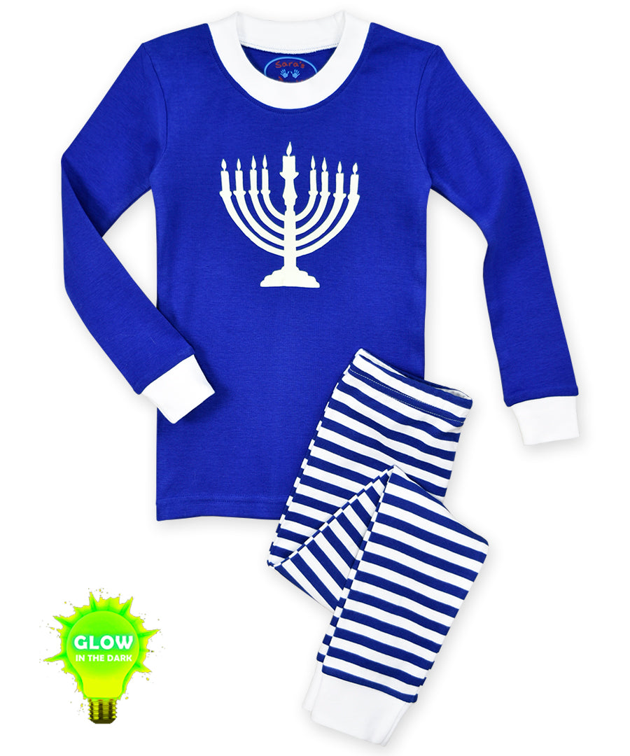 Sara's Prints Long John Pajama - Blue menorah