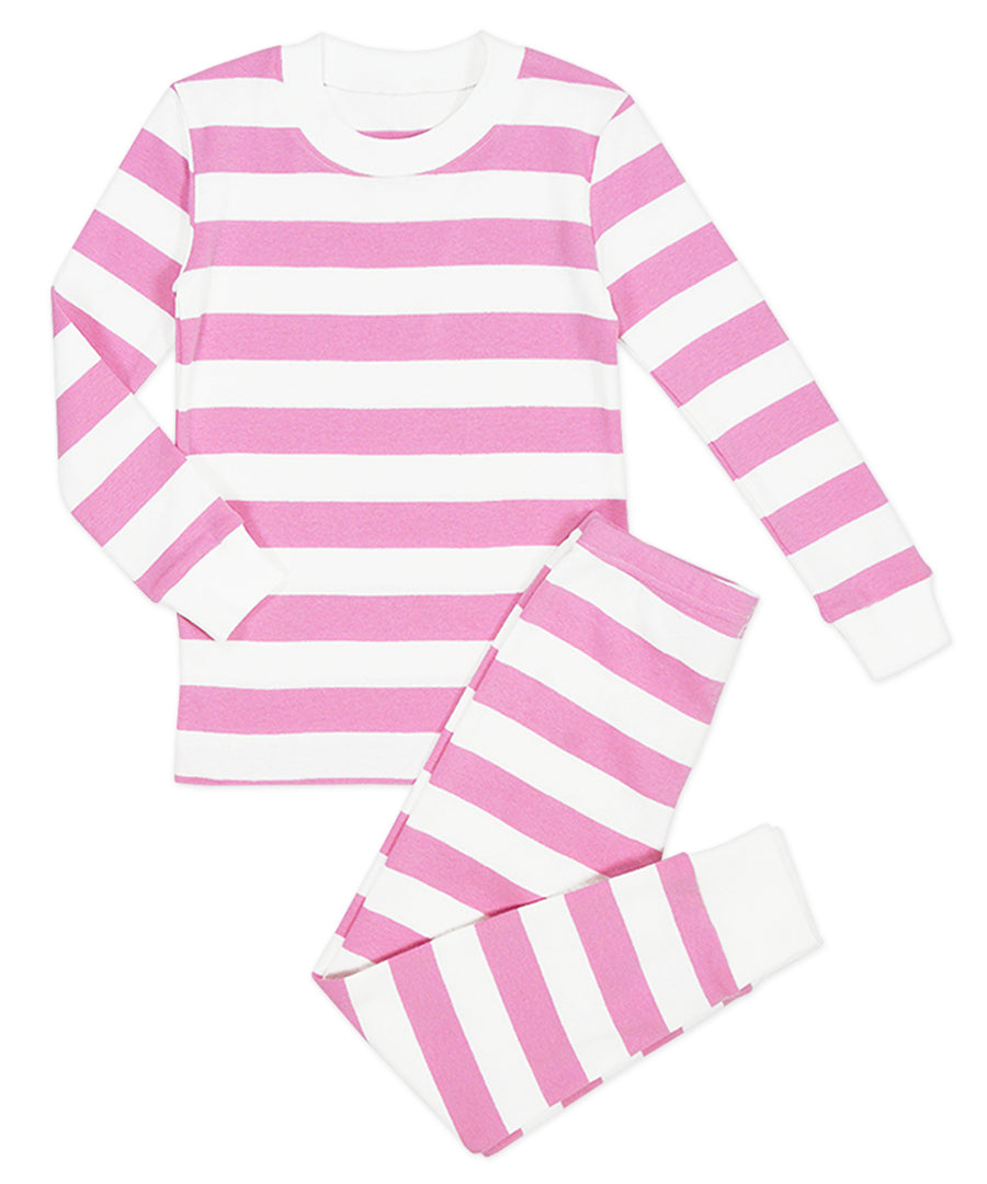 Sara's Prints Long John Pajama - Pink white wide stripe
