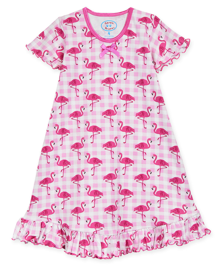 Sara's Prints Girls Short Sleeve Nightie - Plaid Flamingo