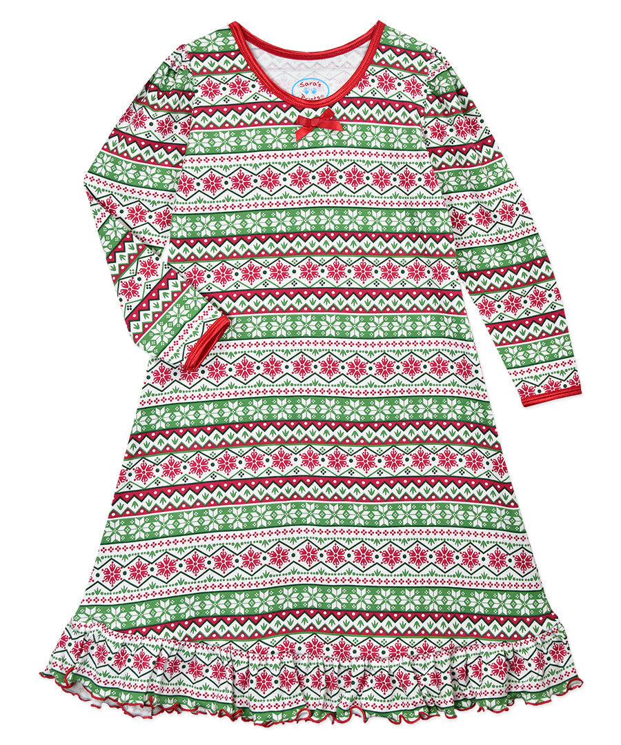 Whirl-and-Twirl Long-Sleeve Nightgown - Christmas Fairisle