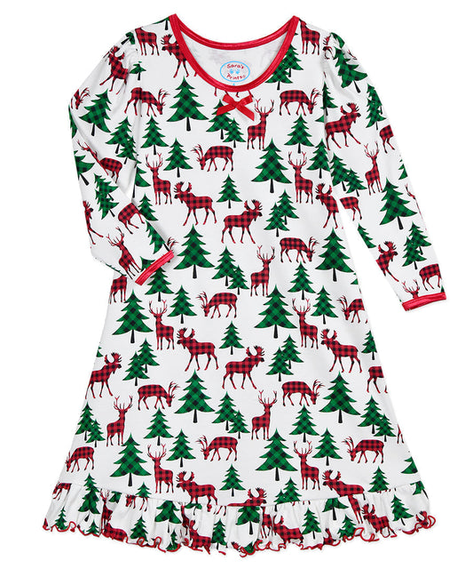 Whirl-and-Twirl Long-Sleeve Nightgown - Plaid Deer