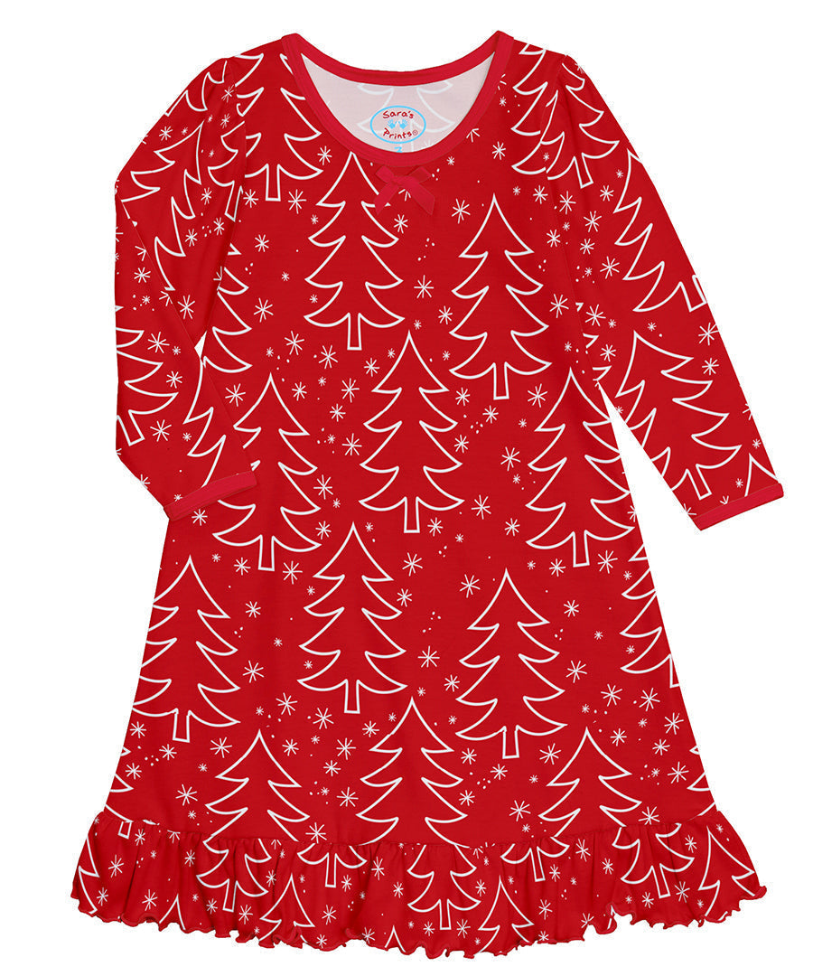 Whirl-and-Twirl Long-Sleeve Nightgown - Red Trees