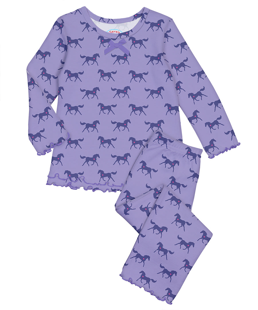 Sara's Prints Girls Ruffle Top & Pant Pajama Set - Horse heart
