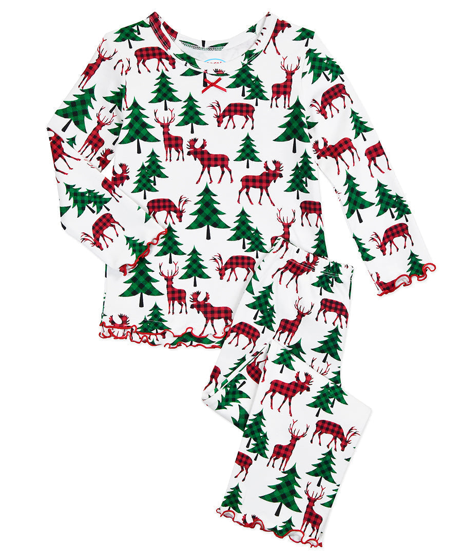 Sara's Prints Girls Ruffle Top & Pant Pajama Set - Plaid Deer