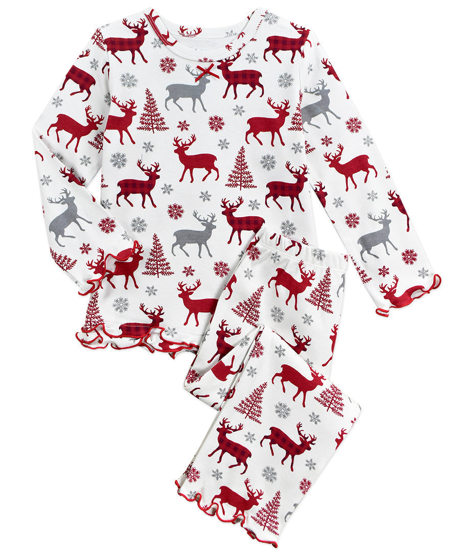 Sara's Prints Girls Ruffle Top & Pant Pajama Set - Plaid Deer AO