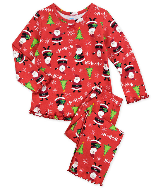 Sara's Prints Girls Ruffle Top & Pant Pajama Set - Red Santas Red