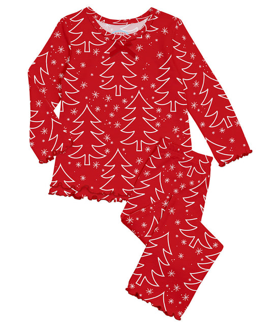 Sara's Prints Girls Ruffle Top & Pant Pajama Set - Red Trees