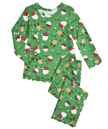 Sara's Prints Girls Ruffle Top & Pant Pajama Set - Santa & Elf
