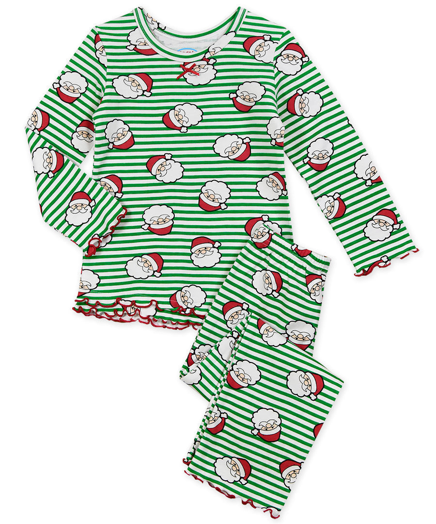 Sara's Prints Girls Ruffle Top & Pant Pajama Set - Stripe Santa Face