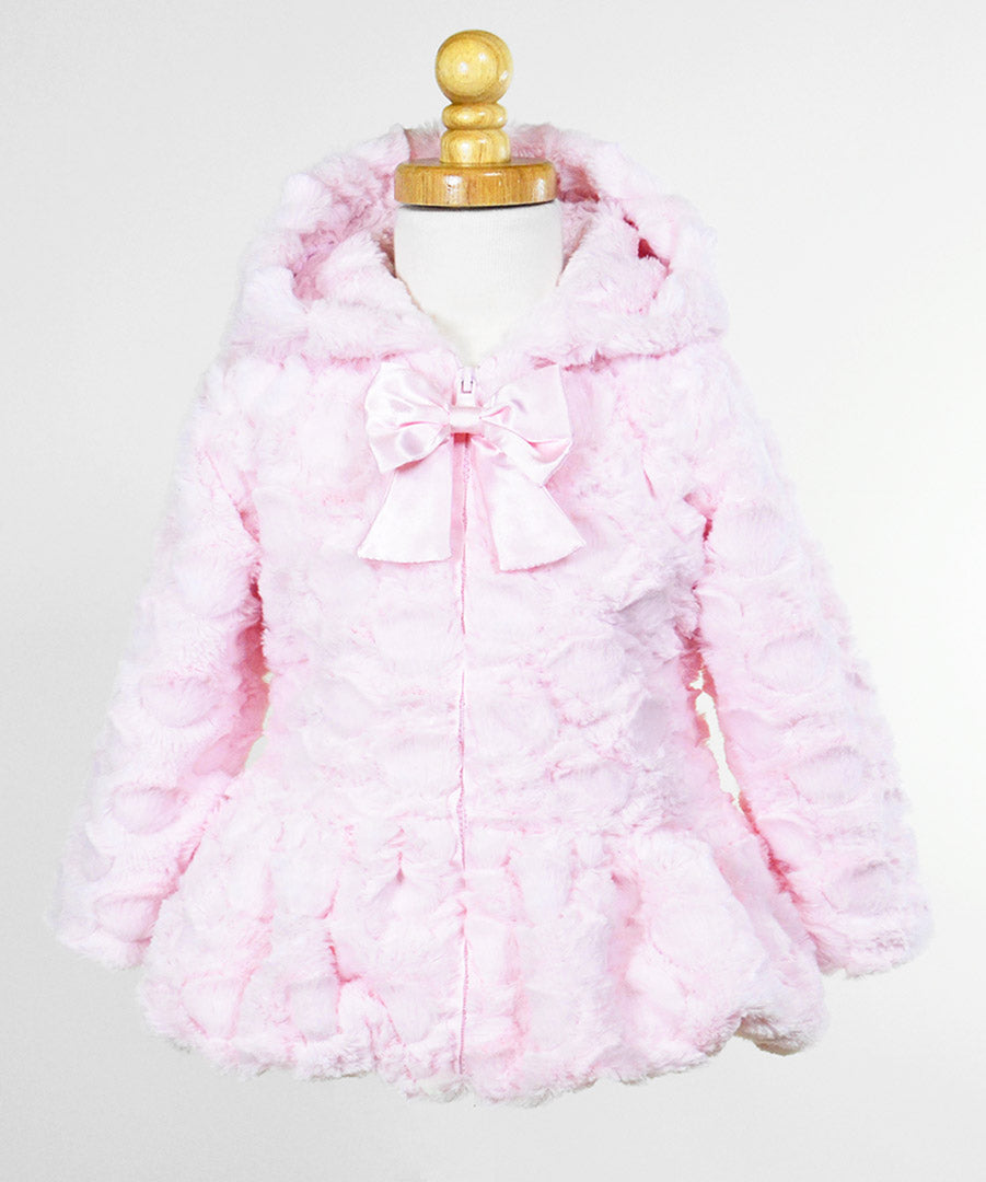 Hooded Big Bow, Zip Front Faux Fur Coat - Candy dot pink