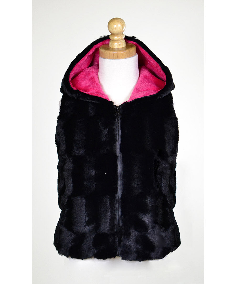 Hooded Zip Front Faux Fur Vest - Black sheared mink