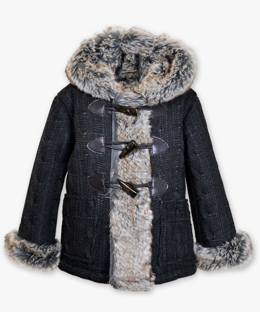 Hooded toggle sweater coat - Cable knit slate grey