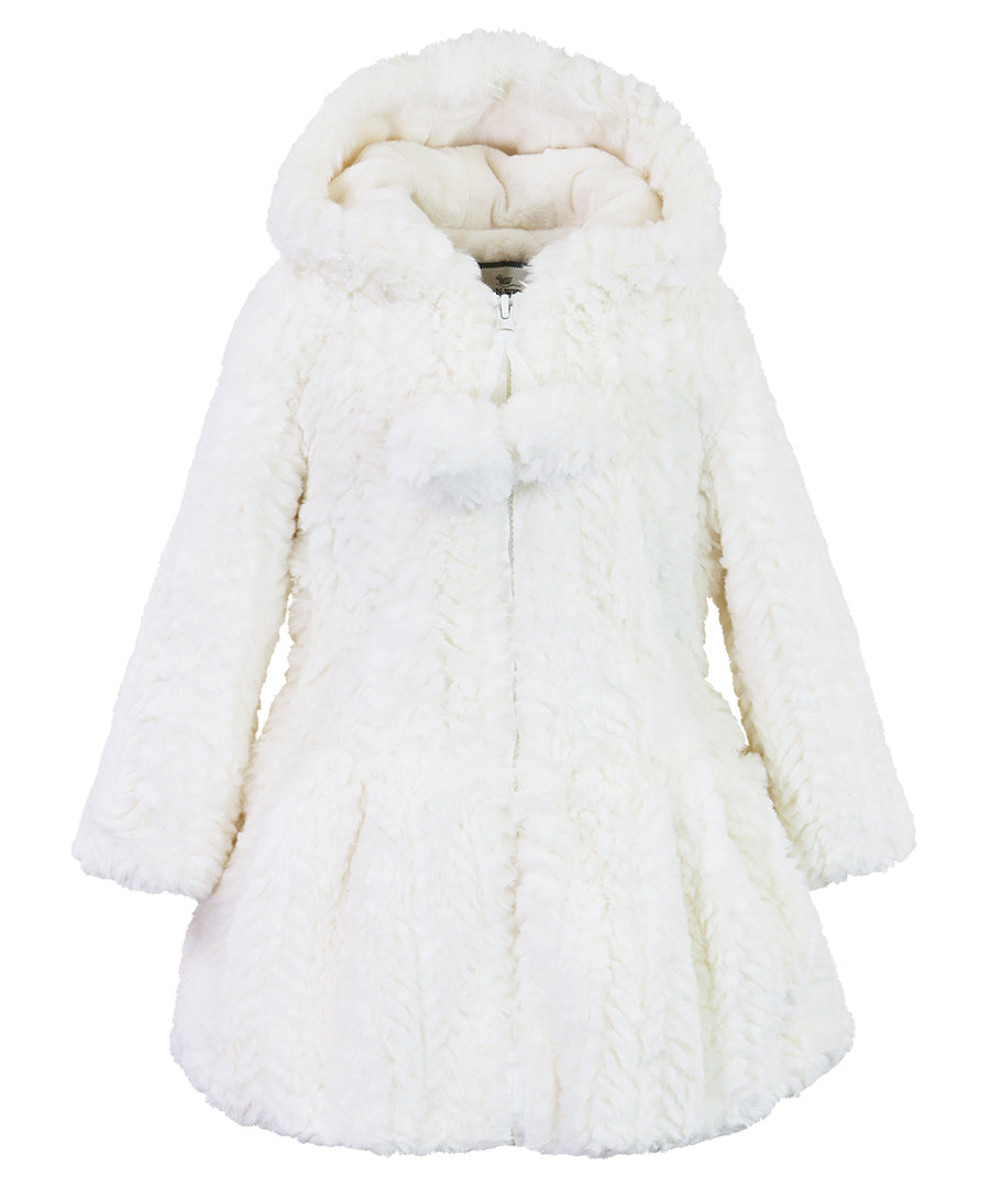 Hooded Zip Front Pompom Coat - Ivory tidal wave