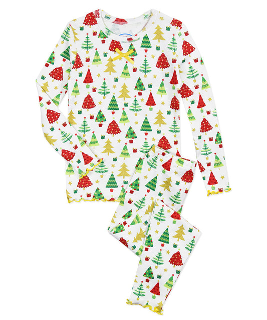 Girls Snug Fit Lettuce Edged Long John Pj - Forest Decoration