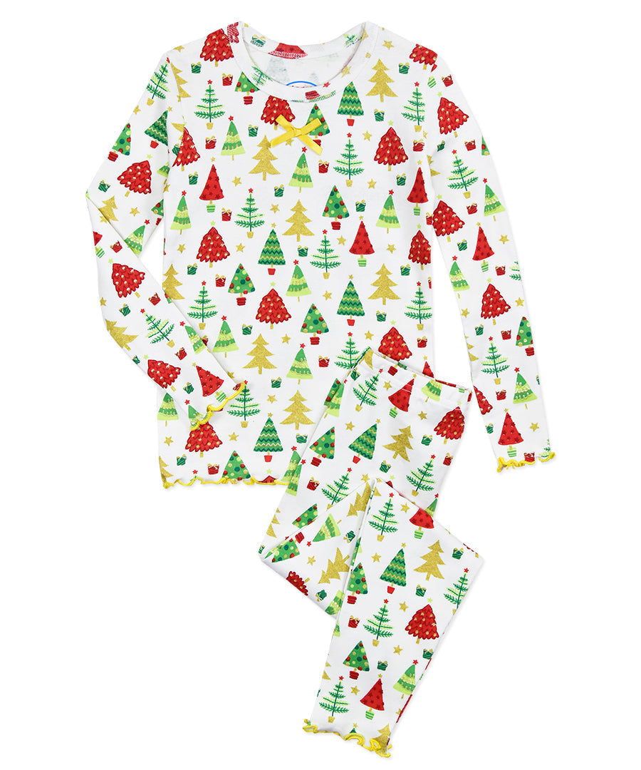 Girls Snug Fit Lettuce Edged Long John Pj - Forest Decoration