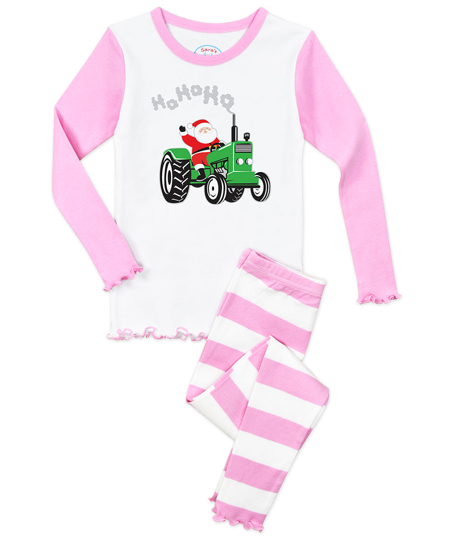 Girls Snug Fit Lettuce Edged Long John Pj - Santa tractor
