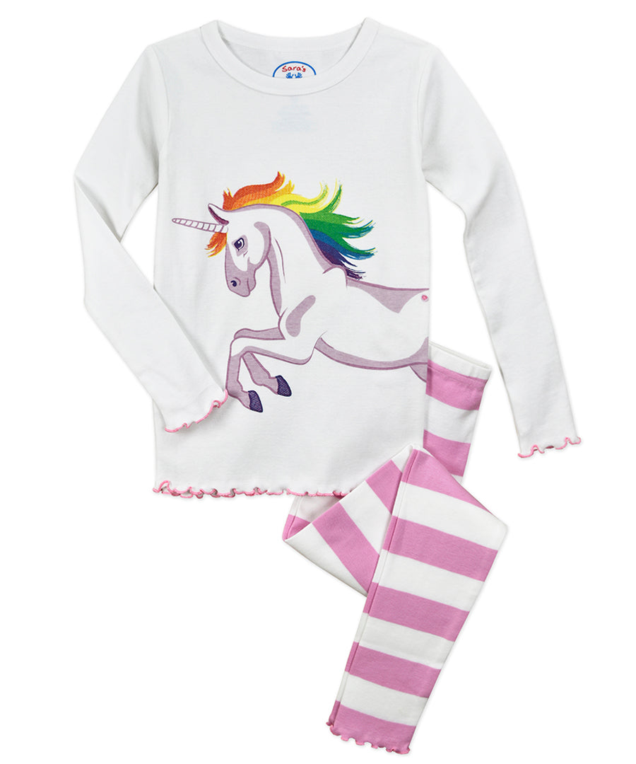 Girls Snug Fit Lettuce Edged Long John Pj - Unicorn