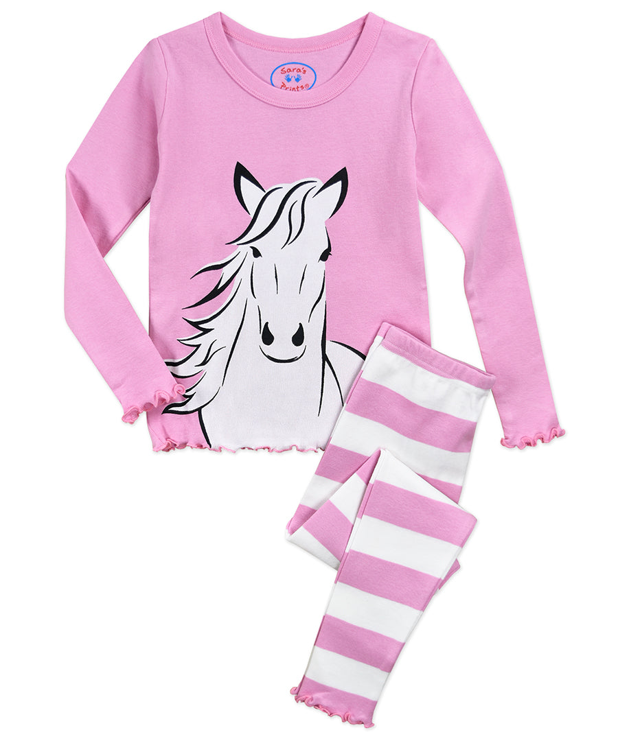 Girls Snug Fit Lettuce Edged Long John Pj - Pink white Stripe Horse