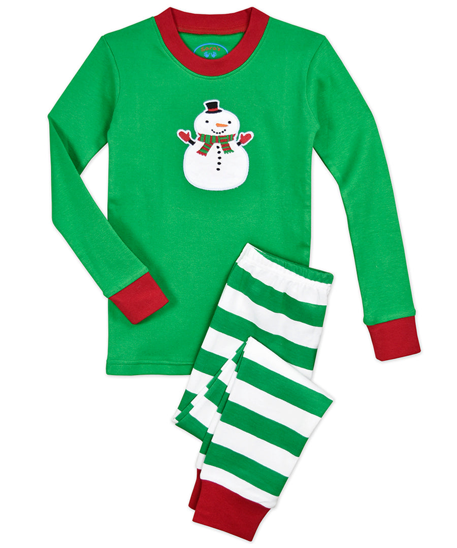 Sara's Prints Long John Pajama - Green wht snowman