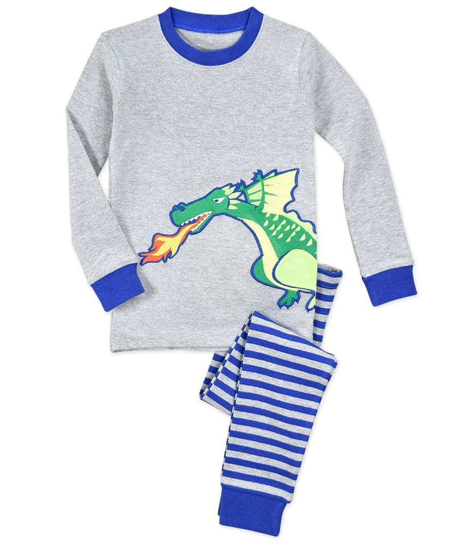 Sara's Prints Long John Pajama - Grey navy dragon