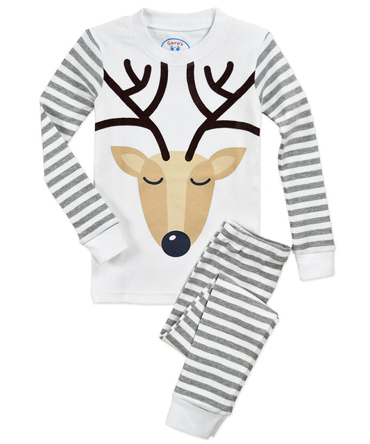 Sara's Prints Long John Pajama - Htr grey wht reindeer