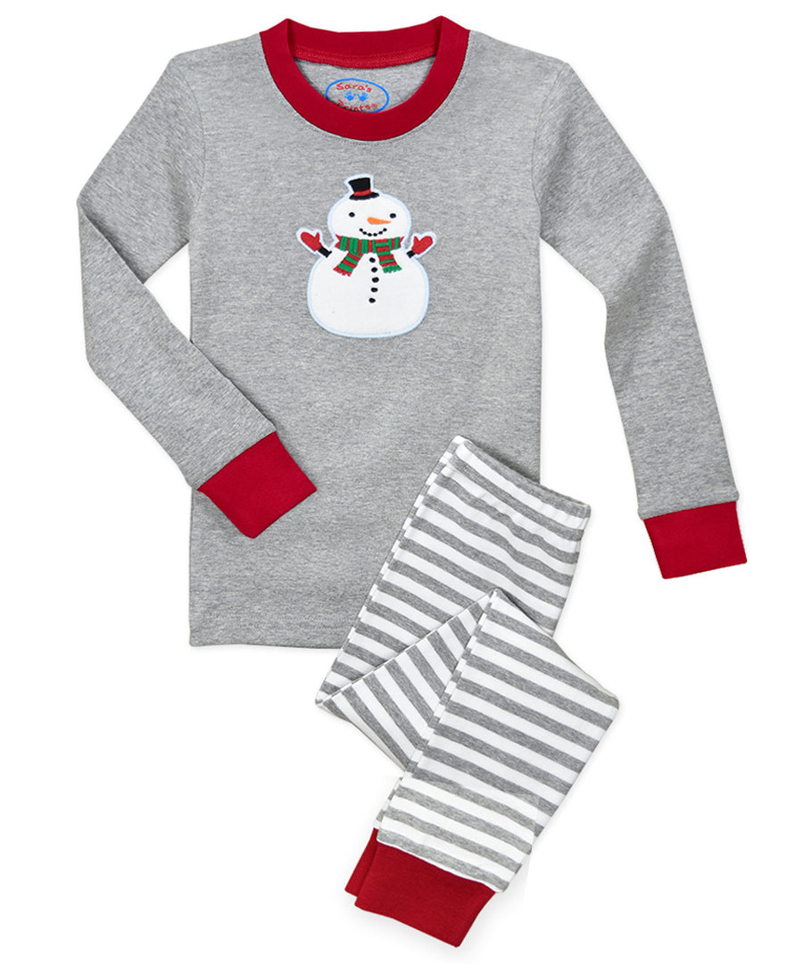 Sara's Prints Long John Pajama - Htr grey snowman red