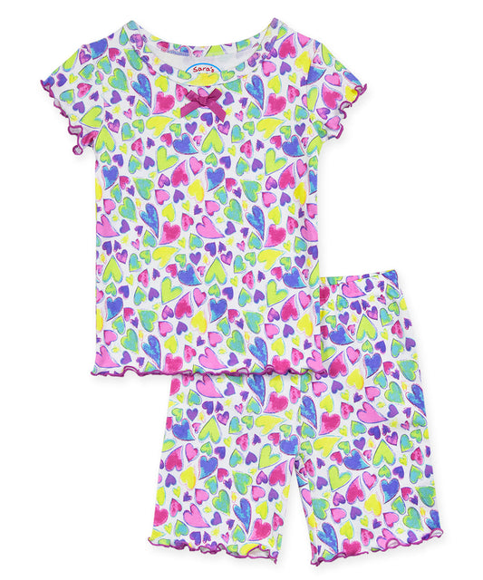 Sara's Prints Girls Fitted Short Pajama Set - Colorful Hearts