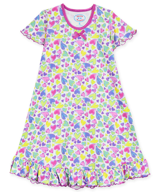 Sara's Prints Girls Short Sleeve Nightie - Colorful Hearts