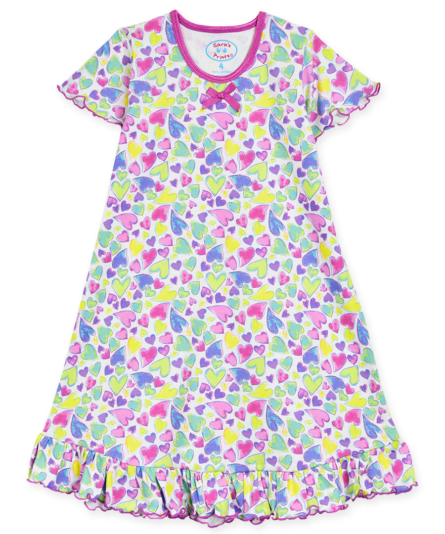 Sara's Prints Girls Short Sleeve Nightie - Colorful Hearts