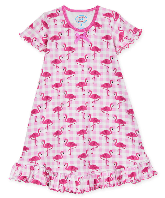 Sara's Prints Girls Short Sleeve Nightie - Plaid Flamingo