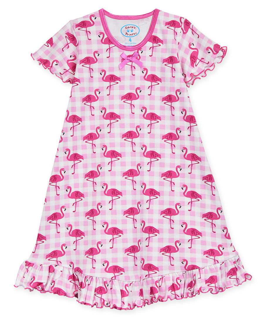 Sara's Prints Girls Short Sleeve Nightie - Plaid Flamingo