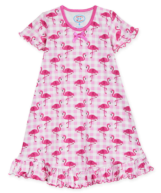 Sara's Prints Girls Short Sleeve Nightie - Plaid Flamingo