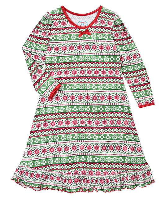 Whirl-and-Twirl Long-Sleeve Nightgown - Christmas Fairisle
