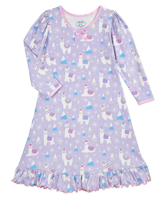 Whirl-and-Twirl Long-Sleeve Nightgown - Holiday Llama
