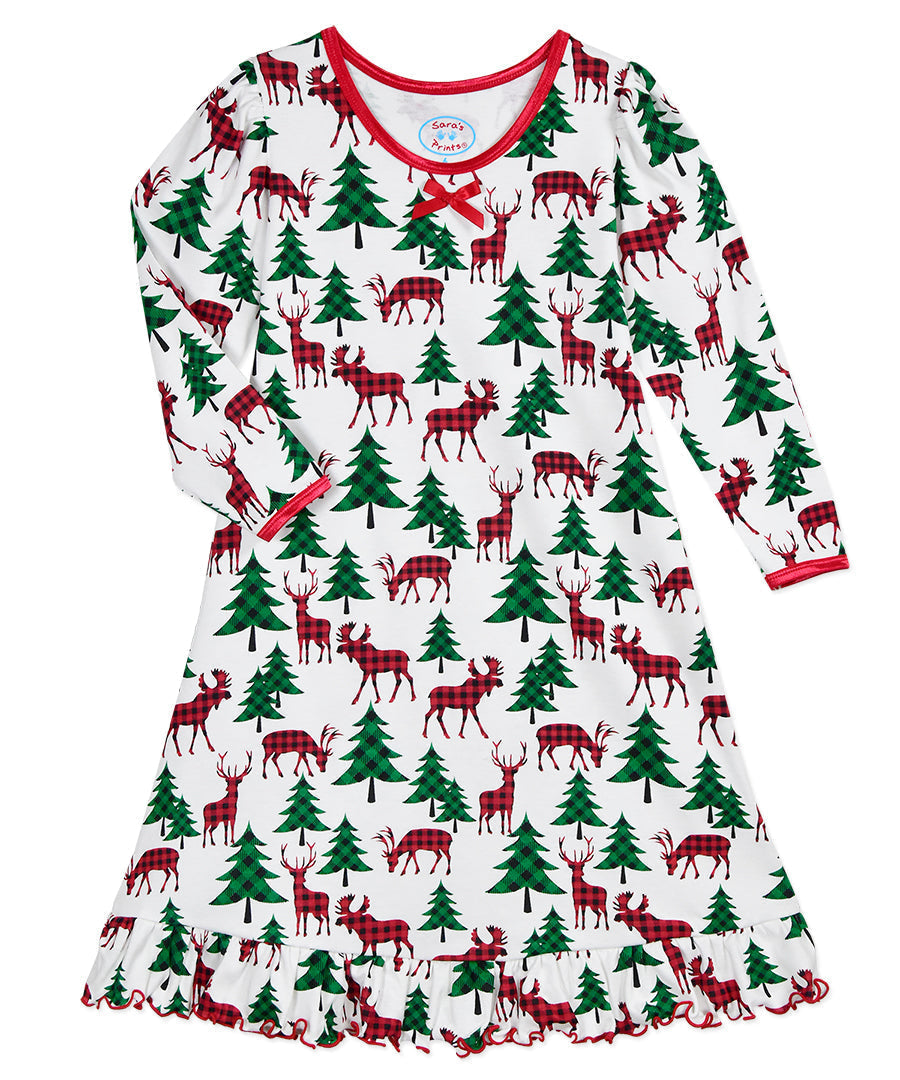 Whirl-and-Twirl Long-Sleeve Nightgown - Plaid Deer