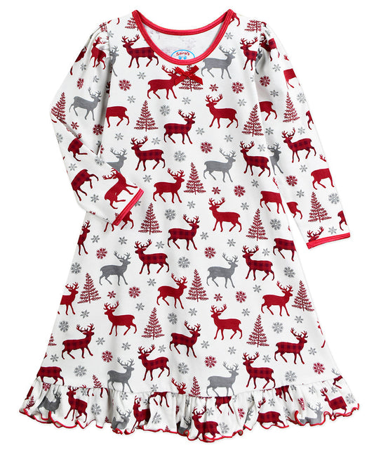 Whirl-and-Twirl Long-Sleeve Nightgown - Plaid Deer AO