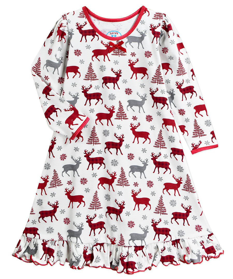 Whirl-and-Twirl Long-Sleeve Nightgown - Plaid Deer AO