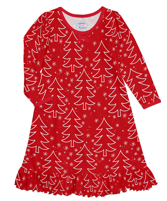 Whirl-and-Twirl Long-Sleeve Nightgown - Red Trees