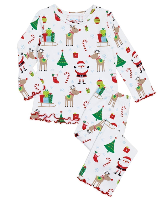 Girls Ruffle PJ Top and Bottom Set w/ Lettuce Trim - White Xmas