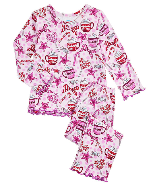 Sara's Prints Girls Ruffle Top & Pant Pajama Set - Cocoa & Candy