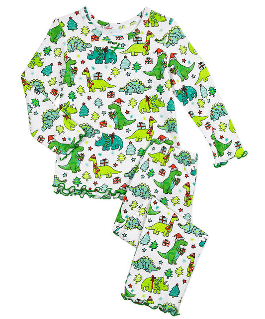 Sara's Prints Girls Ruffle Top & Pant Pajama Set - Christmas Dinos