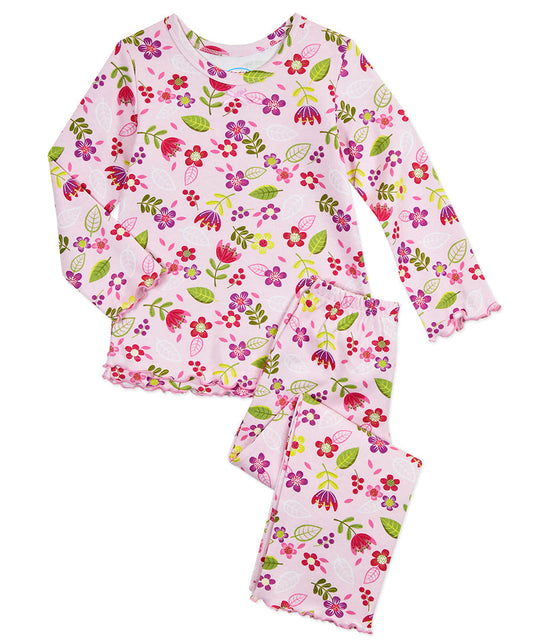 Sara's Prints Girls Ruffle Top & Pant Pajama Set - Flower 'N Berry