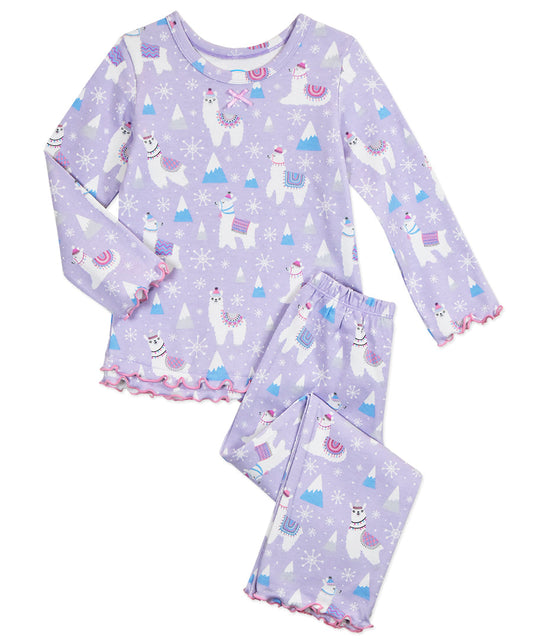 Sara's Prints Girls Ruffle Top & Pant Pajama Set - Holiday Llama