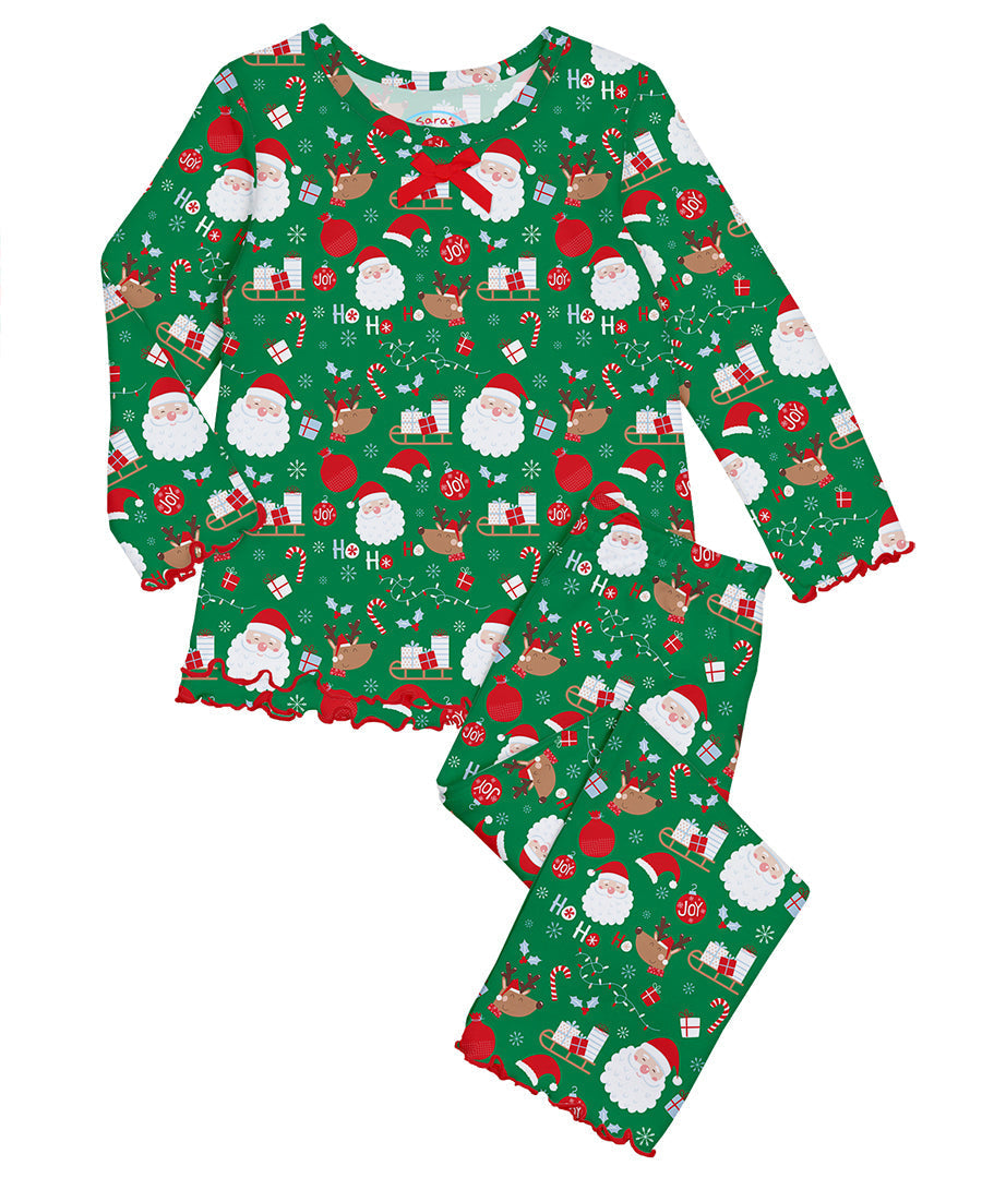 Sara's Prints Girls Ruffle Top & Pant Pajama Set - HoHoHo Santa