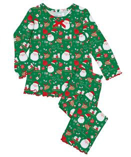 Sara's Prints Girls Ruffle Top & Pant Pajama Set - HoHoHo Santa