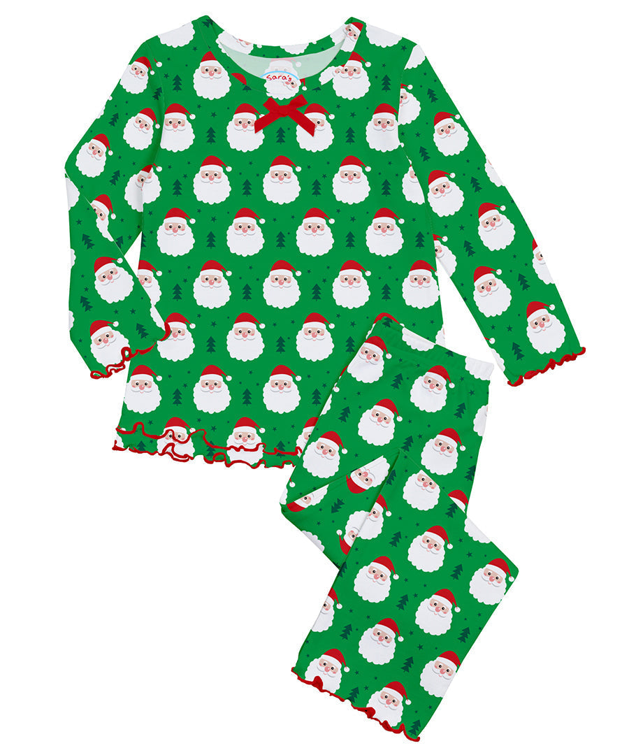 Sara's Prints Girls Ruffle Top & Pant Pajama Set - Happy Santa