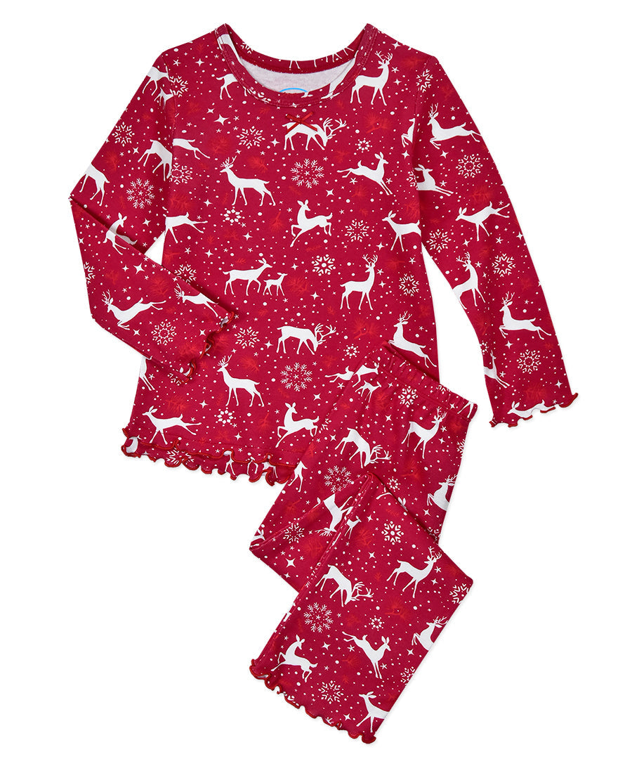 Sara's Prints Girls Ruffle Top & Pant Pajama Set - Holiday Red Deer