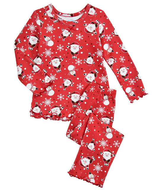 Sara's Prints Girls Ruffle Top & Pant Pajama Set - Hopping Santa