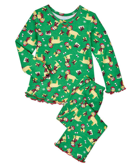 Sara's Prints Girls Ruffle Top & Pant Pajama Set - Labs Santa