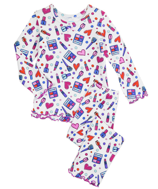 Sara's Prints Girls Ruffle Top & Pant Pajama Set - Makeup Party